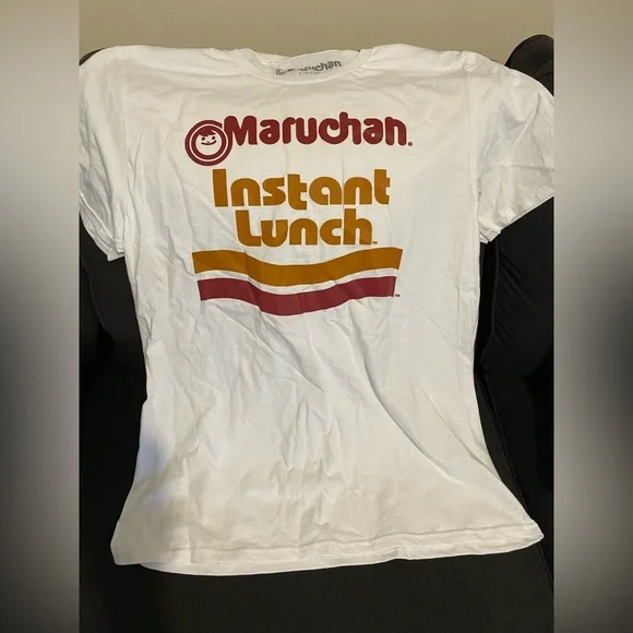 White Short Sleeve Men’s Youth Tshirt w Maurchan Instant Lunch Logo - Picture 1 of 3